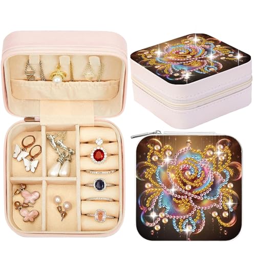 CXINLky Kleine Schmuckschatulle, Tragbare Diamond Painting Schmuckschatulle, PU Leder Mini Schmuckbox, Diamond Painting Aufbewahrungsbox für Ringe, Ohrringe, Halsketten-02-Bunte Rose von CXINLky