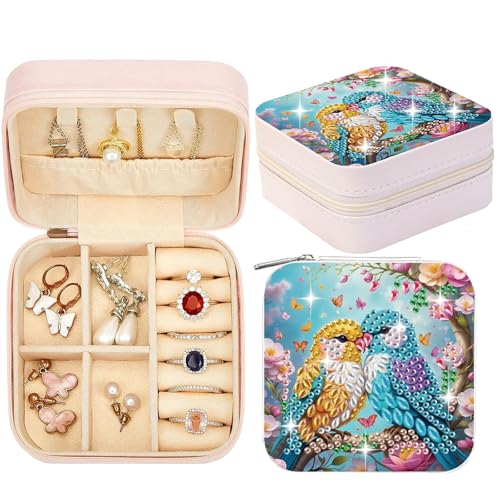 CXINLky Kleine Schmuckschatulle, Tragbare Diamond Painting Schmuckschatulle, PU Leder Mini Schmuckbox, Diamond Painting Aufbewahrungsbox für Ringe, Ohrringe, Halsketten-06-Vogelpaar von CXINLky