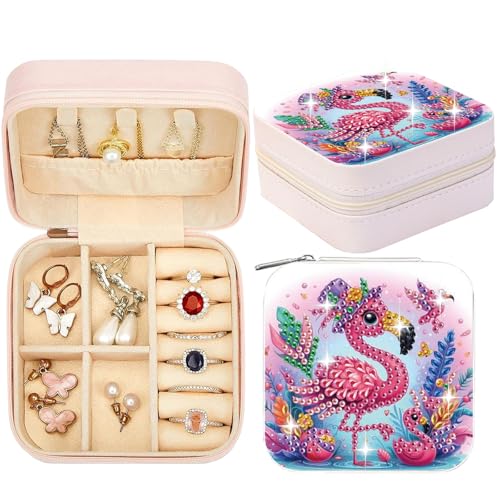 CXINLky Kleine Schmuckschatulle, Tragbare Diamond Painting Schmuckschatulle, PU Leder Mini Schmuckbox, Diamond Painting Aufbewahrungsbox für Ringe, Ohrringe, Halsketten-08-Flamingo von CXINLky