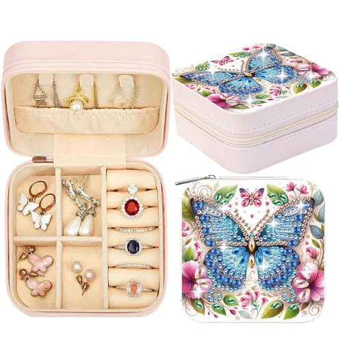 CXINLky Kleine Schmuckschatulle, Tragbare Diamond Painting Schmuckschatulle, PU Leder Mini Schmuckbox, Diamond Painting Aufbewahrungsbox für Ringe, Ohrringe, Halsketten-09-Blauer Schmetterling von CXINLky