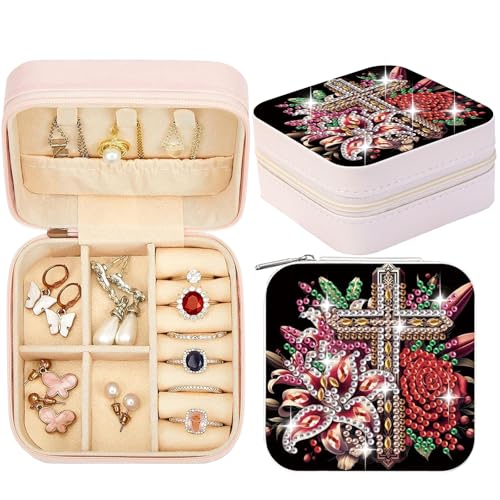 CXINLky Kleine Schmuckschatulle, Tragbare Diamond Painting Schmuckschatulle, PU Leder Mini Schmuckbox, Diamond Painting Aufbewahrungsbox für Ringe, Ohrringe, Halsketten-10-Frowers Cross von CXINLky