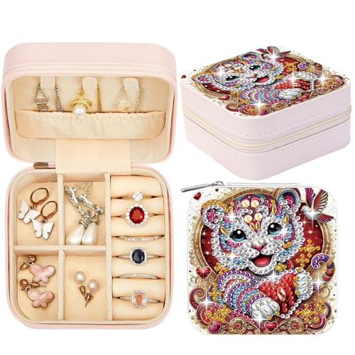 CXINLky Kleine Schmuckschatulle, Tragbare Diamond Painting Schmuckschatulle, PU Leder Mini Schmuckbox, Diamond Painting Aufbewahrungsbox für Ringe, Ohrringe, Halsketten-11-Bunter Tiger von CXINLky