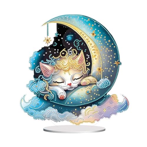 DIY Diamond Painting Tisch Deko, 5D Diamant Painting Tiere Tischdeko, Diamant Malerei Stehend Kunst Set, Ornamente Geschenke für Anfänger Zuhause,Büro Dekoration-03-Mond-Katze von CXINLky