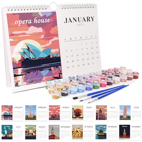 Wandkalender 2025, Malen Nach Zahlen Kalender Wandkalender Nation Landschaft, DIY Wandkalender 2025 zum Aufstellen, mit Pinsels Und Acrylfarbe für Geschenke und Home Haus Deko-Landschaft von CXINLky