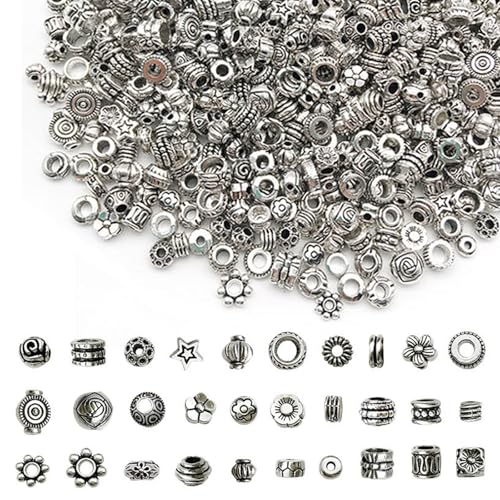 CXNXFD 120Pcs Metall Perle mit Loch kann Faden mittlere Perle in Verschiedenen Mustern Formen Antik Silber Handarbeit Perlen Set -DIY Schmuck Zubehör von CXNXFD