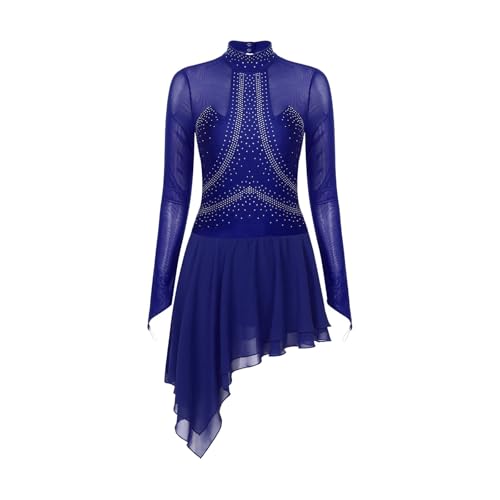 CXPMY Damen Eiskunstlaufkleid mit glitzernden Strasssteinen, durchsichtigem Netzstoff, langärmelig, Ballett, Tanz, Gymnastik, Trikot, Kleider, Gesellschaftstanz(Blue,XXL) von CXPMY