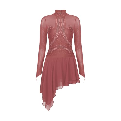 CXPMY Damen Eiskunstlaufkleid mit glitzernden Strasssteinen, durchsichtigem Netzstoff, langärmelig, Ballett, Tanz, Gymnastik, Trikot, Kleider, Gesellschaftstanz(Dusty Pink,XXL) von CXPMY