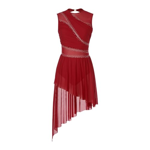 CXPMY Eislaufkostüme for Damen, Ballettkleid mit glänzendem Strasssteinen und durchsichtigem Netzstoff, Gymnastikanzug, ärmellos, Eiskunstlaufkleid(Deep Red,XXL) von CXPMY