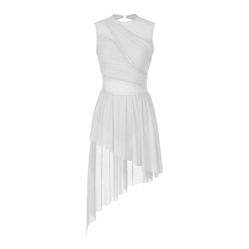 CXPMY Eislaufkostüme for Damen, Ballettkleid mit glänzendem Strasssteinen und durchsichtigem Netzstoff, Gymnastikanzug, ärmellos, Eiskunstlaufkleid(White,XXL) von CXPMY