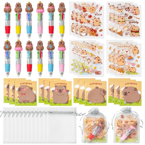 CY2SIDE Capybara Schreibwaren Partygeschenk – 36-teiliges Capybara-Schreibwaren-Geschenk-Set enthält 4-in-1-Kugelschreiber, Haftnotizen, Aufkleber und Organza-Capybara-Partygeschenke, von CY2SIDE