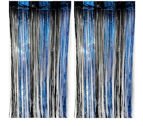 CYBERNOVA 2 Pack Fransen Vorhang Hintergrund, 1Mx2M Metallic Tinsel Folie Fransen Luftschlangen Vorhänge Hintergrund für Hochzeit Geburtstag Jahrestag Graduierung Party Dekoration (blau-schwarz) von CYBERNOVA