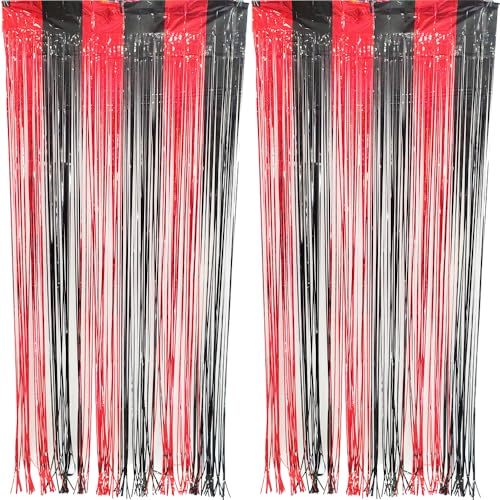 CYBERNOVA 2 Pack Fransen Vorhang Hintergrund, 1Mx2M Metallic Tinsel Folie Fransen Luftschlangen Vorhänge Hintergrund für Hochzeit Geburtstag Jahrestag Graduierung Party Dekoration (rot-schwarz) von CYBERNOVA