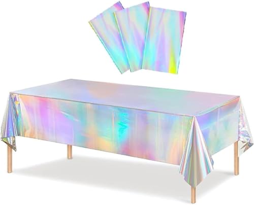 CYBERNOVA 3 Pack schillernde Kunststoff-Tischdecke glänzende Laser Einweg-Tischdecke Premium holographische Folie Tischdecke für Geburtstage Braut Hochzeiten Weihnachten Dekorationen von CYBERNOVA