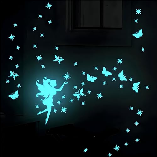 Leuchtsterne Wandtattoo Kinderzimmer, Mädchen Leuchtsticker Schmetterlinge Fee, Aufkleber Fluoreszierend Wandsticker für Kinder Babyzimmer Schlafzimmer Spiegel Dekoration（blau） von CYCLYTE