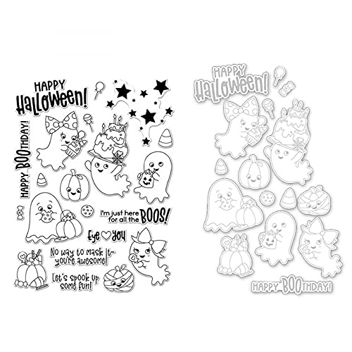 Halloween Ghost Pumpkin Formen und Stempel Sets für die Kartenherstellung DIY Scrapbooking Happy Halloween Metall Stanzformen Match Clear Seal Silikonstempel für Papier Crafting Stanzschablonen von CYFUN DESIGN