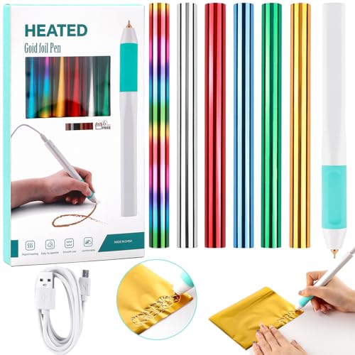 Heißfolienrollen- und Heißfolienstifte-Set, Folienfeder-Werkzeug, Freestyle-Starter-Set, inklusive 1 USB-Wärmefolienstift und 6 Stück 15 cm x 1,3 m Glimmerfolienrollen für Kartenherstellung, von CYFUN DESIGN