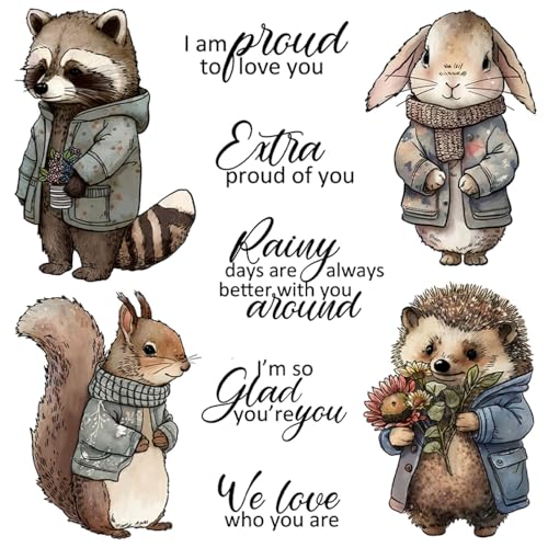 Niedliche Cartoon-Tiere in Wintermänteln, Stanzformen und Stempel-Sets für Kartenherstellung, DIY, Scrapbooking, I am Pound to Love You, Extra Proud of You, We Love Who You Are Wort-Stempel für von CYFUN DESIGN