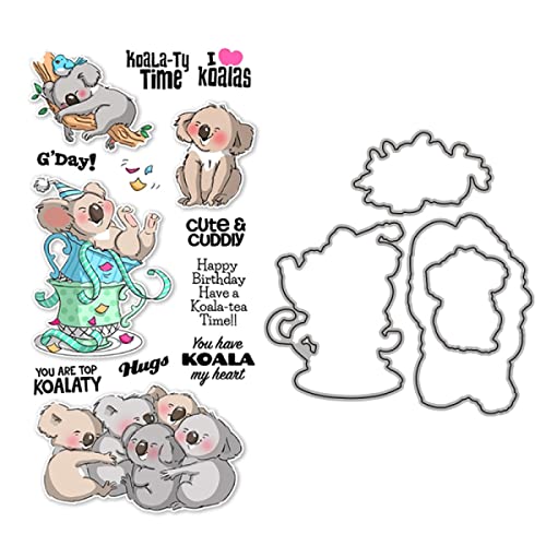 Tiere Stanzformen und Stempel-Sets für Kartenherstellung DIY Scrapbooking Koalas Metall Stanzform und Transparent Silikon Siegel Stempel für Papier Basteln Handmade Crafts Koala-Ty Time Words Stamps von CYFUN DESIGN