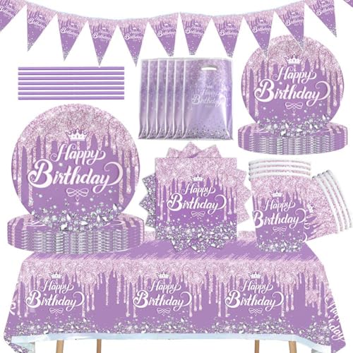 81 Pcs Diamant Lila Partygeschirr Kindergeburtstag Deko einschließlich Pappbecher Teller Tischdecke Servietten Dreieckige Flagge Geschenkbeutel Stroh für Junge Mädchen Geburtstag Party Supplies von CYGMRFH