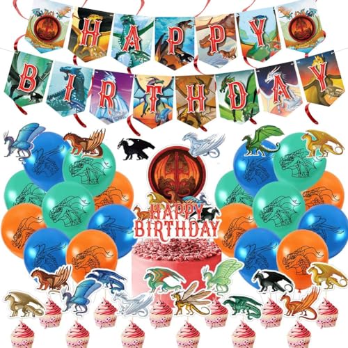 Drago Geburtstagsdeko Party Luftballons Drago Thema Geburtstag Party Supplies Happy Birthday Banner Cupcake Toppers Luftballons Kinder Party Zubehör 39 Stück Feuerdrache Party-Dekorationen von CYGMRFH