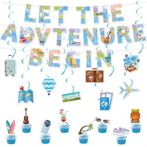 Let The Adventure Begin Banner Bon Voyage Party Dekorationen Reise Thema Cupcake Toppers Reise Thema Party Deko für Abschluss Ruhestand Party Schulabgänger Abschied Reisen von CYGMRFH