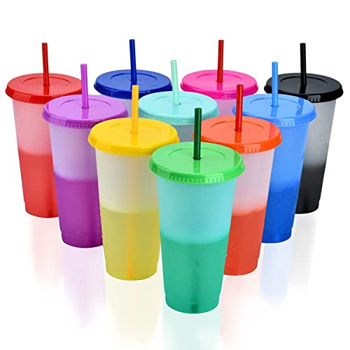 CYH 10 Stück Wiederverwendbare Kunststoffbecher mit Deckel und Trinkhalmen – 710 ml Farbwechselbecher Set Reisebecher für Kinder Erwachsene Party Smoothie Tasse Reisebecher von CYH