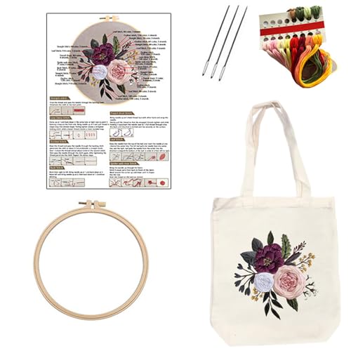 Nähset, Tasche mit Tragegriff und Blumenmuster, handgefertigte Leinentasche, Stickerei-Starter-Set für Damen von CYILPR