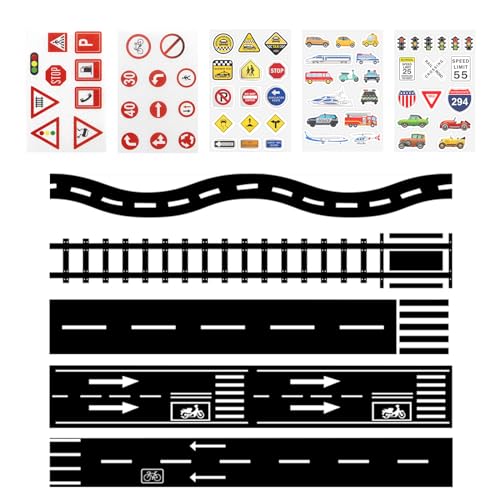 CYIOU 5 Rollen Klebeband Straße Kinder Klebrigkeit Eisenbahnen Straßenband Straße Klebeband Mit 5 Stück Verkehrsschildaufklebern und Autoaufklebern für Kinder Zur Verkehrsregel-Lernung(5cm*5m) von CYIOU