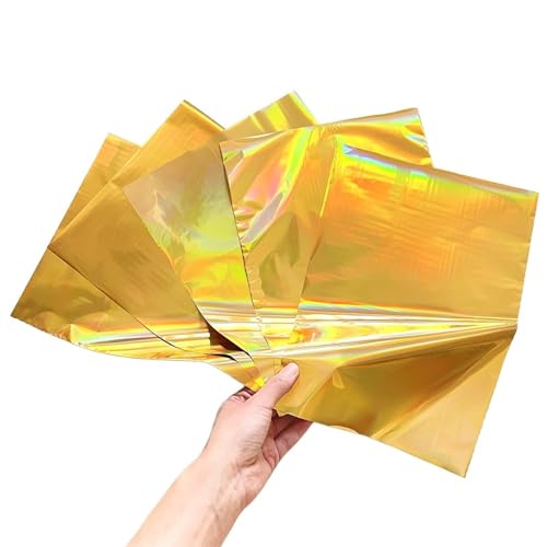 CYMMIYT Heißprägefolie A4 50 Blatt eloxiertes AluminiumGold Heißlaminator-Bastelpapier, einfach zu verwenden, kann auf Papiermineralien verwendet Werden(Gold Holographic) von CYMMIYT