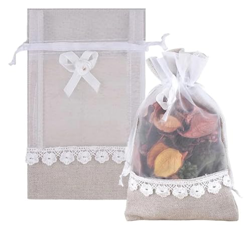 CYMMIYT Jutesäckchen Mit Spitzenschleife verzierte Sackleinenbeutel mit Kordelzug, Jute-Organza-Geschenkbeutel for Party und Hochzeit, 5 Stück, 10 Stück, 20 Stück(20pcs,10x15cm) von CYMMIYT