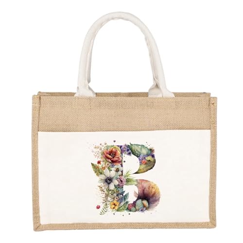 CYMMIYT Jutesäckchen Schlichte Leinen-Umhängetasche, florales Buchstaben-Druckmuster, gelbes Leinen-Sackleinen-Imitat, Pendler-Handtasche, Damen-Einkaufstasche(Floral Letter B) von CYMMIYT