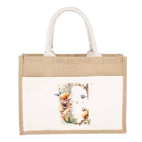 CYMMIYT Jutesäckchen Schlichte Leinen-Umhängetasche, florales Buchstaben-Druckmuster, gelbes Leinen-Sackleinen-Imitat, Pendler-Handtasche, Damen-Einkaufstasche(Floral Letter C) von CYMMIYT