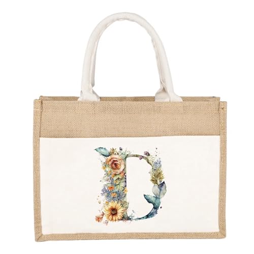 CYMMIYT Jutesäckchen Schlichte Leinen-Umhängetasche, florales Buchstaben-Druckmuster, gelbes Leinen-Sackleinen-Imitat, Pendler-Handtasche, Damen-Einkaufstasche(Floral Letter D) von CYMMIYT