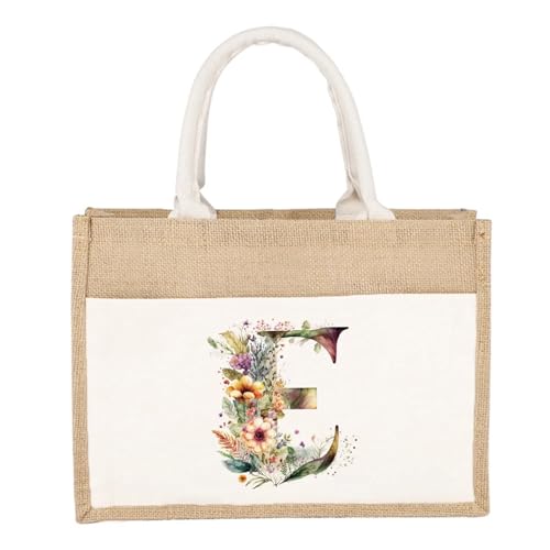 CYMMIYT Jutesäckchen Schlichte Leinen-Umhängetasche, florales Buchstaben-Druckmuster, gelbes Leinen-Sackleinen-Imitat, Pendler-Handtasche, Damen-Einkaufstasche(Floral Letter E) von CYMMIYT