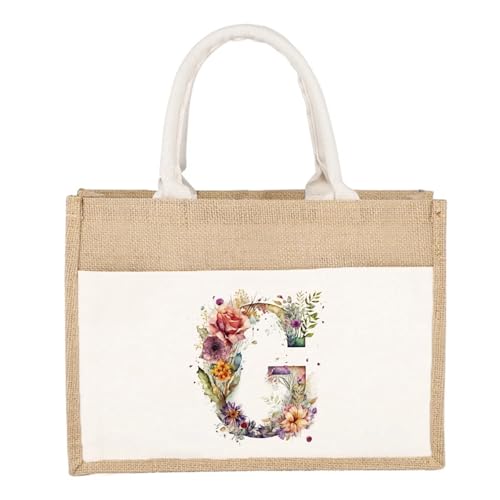 CYMMIYT Jutesäckchen Schlichte Leinen-Umhängetasche, florales Buchstaben-Druckmuster, gelbes Leinen-Sackleinen-Imitat, Pendler-Handtasche, Damen-Einkaufstasche(Floral Letter G) von CYMMIYT