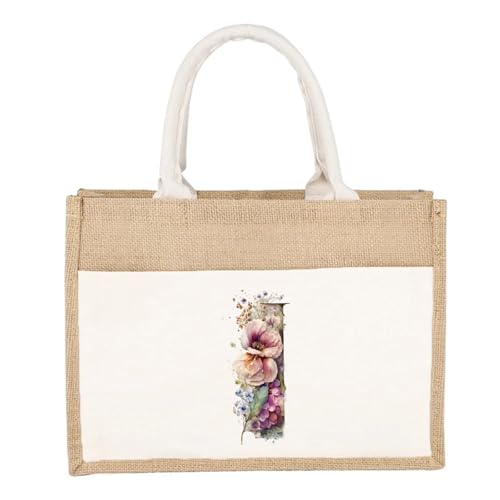 CYMMIYT Jutesäckchen Schlichte Leinen-Umhängetasche, florales Buchstaben-Druckmuster, gelbes Leinen-Sackleinen-Imitat, Pendler-Handtasche, Damen-Einkaufstasche(Floral Letter I) von CYMMIYT