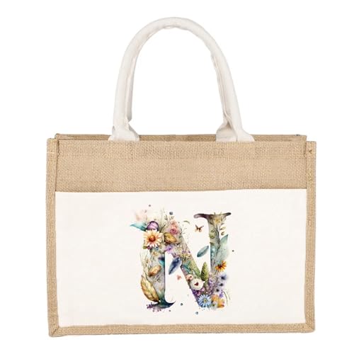 CYMMIYT Jutesäckchen Schlichte Leinen-Umhängetasche, florales Buchstaben-Druckmuster, gelbes Leinen-Sackleinen-Imitat, Pendler-Handtasche, Damen-Einkaufstasche(Floral Letter N) von CYMMIYT