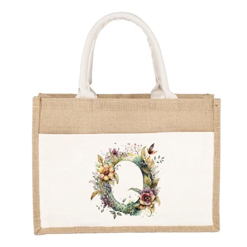 CYMMIYT Jutesäckchen Schlichte Leinen-Umhängetasche, florales Buchstaben-Druckmuster, gelbes Leinen-Sackleinen-Imitat, Pendler-Handtasche, Damen-Einkaufstasche(Floral Letter O) von CYMMIYT