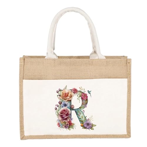 CYMMIYT Jutesäckchen Schlichte Leinen-Umhängetasche, florales Buchstaben-Druckmuster, gelbes Leinen-Sackleinen-Imitat, Pendler-Handtasche, Damen-Einkaufstasche(Floral Letter R) von CYMMIYT