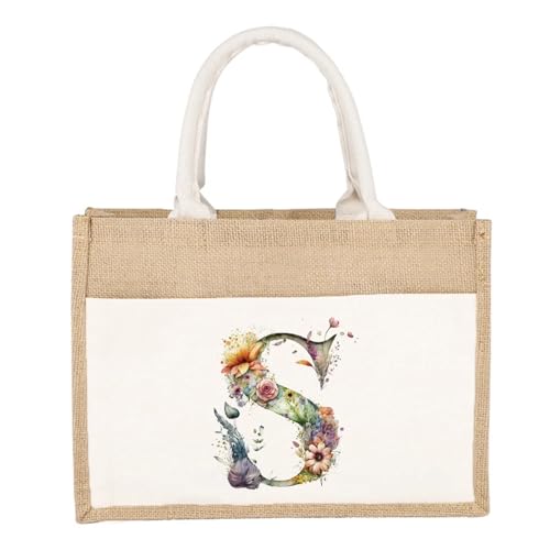 CYMMIYT Jutesäckchen Schlichte Leinen-Umhängetasche, florales Buchstaben-Druckmuster, gelbes Leinen-Sackleinen-Imitat, Pendler-Handtasche, Damen-Einkaufstasche(Floral Letter S) von CYMMIYT