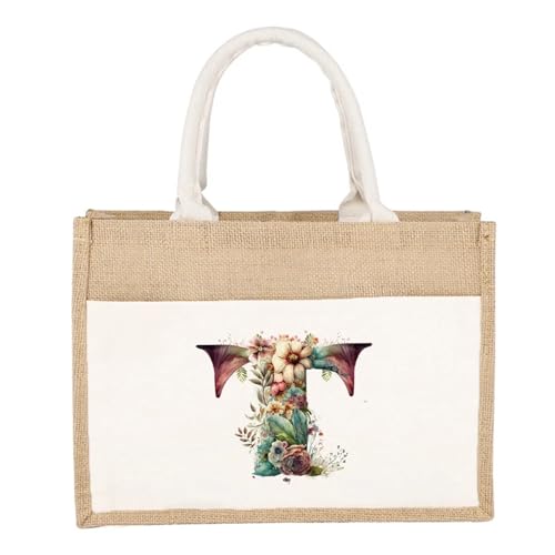 CYMMIYT Jutesäckchen Schlichte Leinen-Umhängetasche, florales Buchstaben-Druckmuster, gelbes Leinen-Sackleinen-Imitat, Pendler-Handtasche, Damen-Einkaufstasche(Floral Letter T) von CYMMIYT