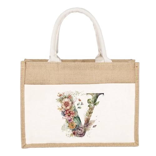 CYMMIYT Jutesäckchen Schlichte Leinen-Umhängetasche, florales Buchstaben-Druckmuster, gelbes Leinen-Sackleinen-Imitat, Pendler-Handtasche, Damen-Einkaufstasche(Floral Letter V) von CYMMIYT