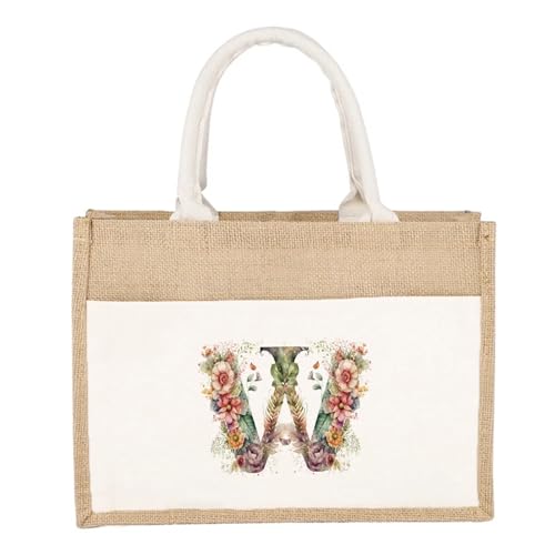 CYMMIYT Jutesäckchen Schlichte Leinen-Umhängetasche, florales Buchstaben-Druckmuster, gelbes Leinen-Sackleinen-Imitat, Pendler-Handtasche, Damen-Einkaufstasche(Floral Letter W) von CYMMIYT