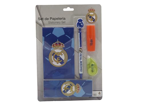 CyP Brands Real Madrid Schreibwaren-Set mit Lesezeichen, Textmarker, Korrektur, Kugelschreiber, Notizblock, Weiß, offizielles Produkt von CYPBRANDS