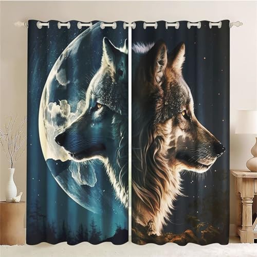 CYSYLQW Wolf Blickdichter Vorhänge Wolf Mit Ösen Tier Verdunkelungsvorhänge 2er Set Gardinen für Dekoration Kinderzimmer Wolf Verdunkelungsvorhang-Set (3,280 x 180 cm(2X140x180cm)) von CYSYLQW