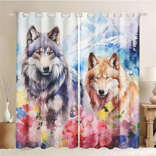 CYSYLQW Wolf Blickdichter Vorhänge Wolf Mit Ösen Tier Verdunkelungsvorhänge 2er Set Gardinen für Dekoration Kinderzimmer Wolf Verdunkelungsvorhang-Set (4,100 x 140 cm(2X50X140cm)) von CYSYLQW