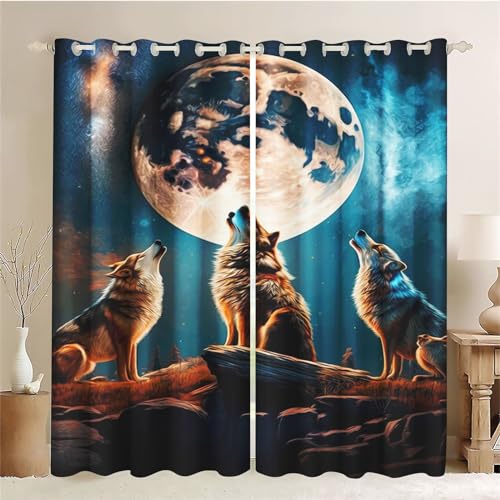 CYSYLQW Wolf Blickdichter Vorhänge Wolf Mit Ösen Tier Verdunkelungsvorhänge 2er Set Gardinen für Dekoration Kinderzimmer Wolf Verdunkelungsvorhang-Set (6,150 x 166cm(2X75X166cm)) von CYSYLQW