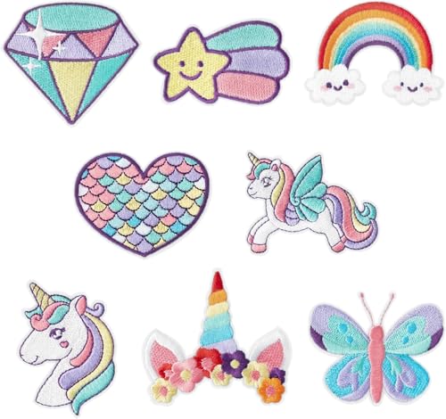 8 Stück Dreamy Unicorn Bügelbilder Regenbogen Stern Herz Schmetterling Diamant Nähen auf bestickte Applikation Reparatur Stickerei Patch DIY Handwerk Zubehör für Kinder Mädchen Kleidung Rucksack von CYWQZZ