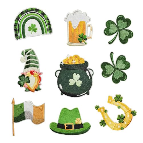 CYWQ 8 Stück St. Patrick's Day Bügelbilder Kleeblatt Lucky Irish Rainbow Gnom Nähen auf Reparatur Stickerei Applikation 4 Blatt Kleeblatt Urlaub DIY Handwerk Dekoratives Geschenk für Kleidung Rucksack von CYWQ