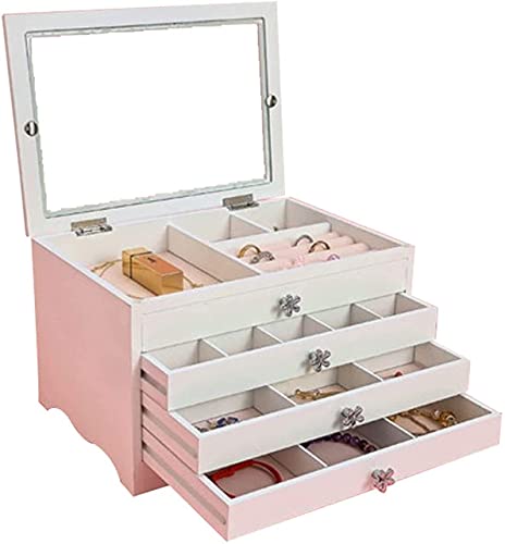 CYYHGD Aufbewahrungsbox, Schmuckschatulle, Schmuck-Organizer, großer Stauraum, 4 Ebenen, 3 Schubladen mit klarem Glas, ordentliches Organisieren von Schmuck, Organizer, Halsketten-/Ohrr von CYYHGD